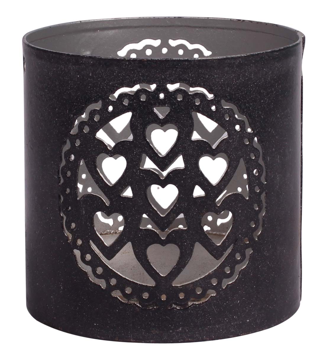 Round-Shaped Tea-Light Candle Holder - Handmade in Iron - Black Exteriors & Gray Interiors - Heart Shaped Motifs - Metal Votive Candle Stands - Table-Top Decorations - Buy in Bulk Wholesale